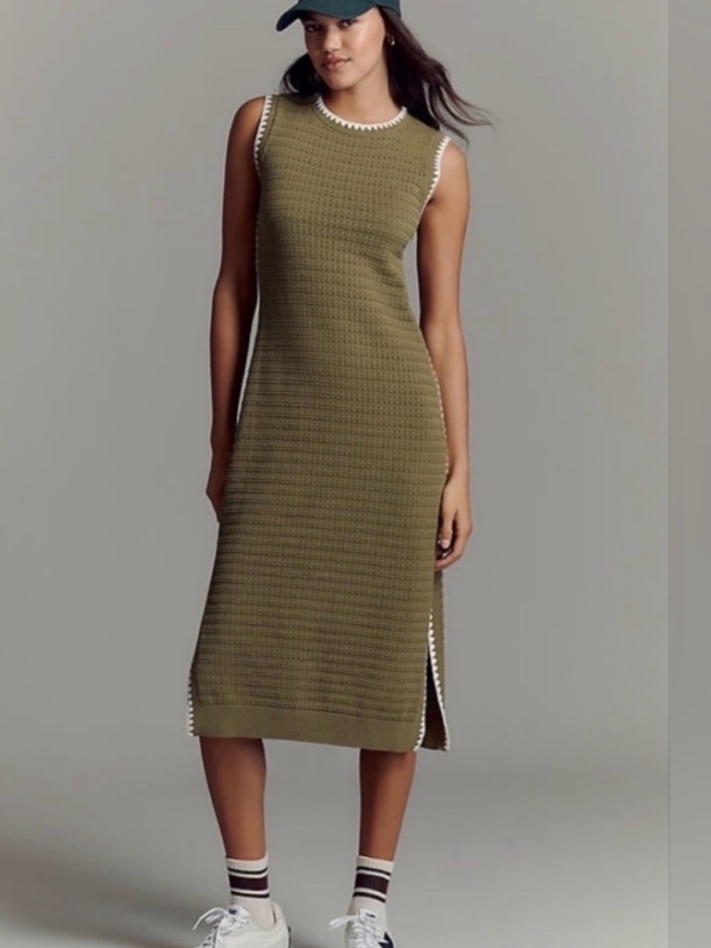 Varley Dwight Tank Knit Dress in Fresh Fern Green with White Trim
